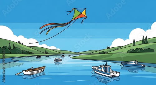 Colorful Kite Flying Over Boats on Lake.