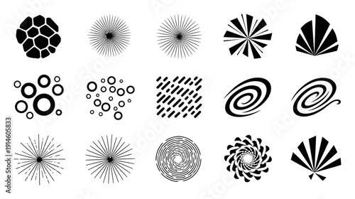 Collection of Black Abstract Geometric Shapes and Patterns White Background
