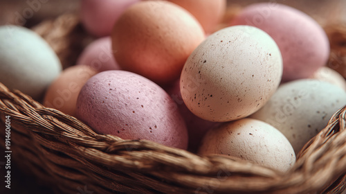 Pastel Easter Eggs in Wicker Basket Close-Up