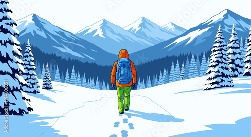 A lone hiker traverses a snowy mountain landscape in a pixelated art style.