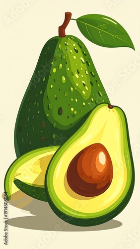 Stylized image of whole and halved avocados with a leaf, presented on a light background