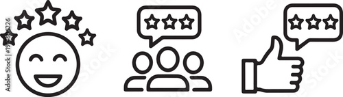 Set of customer feedback and rating line icons. Vector illustration of smiley face, user group, and thumbs up with stars isolated on   transparent background .