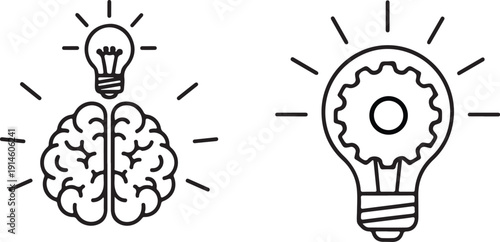 Set of idea and innovation line icons. Vector illustration of brain with light bulb and lamp with gear isolated on  transparent background.