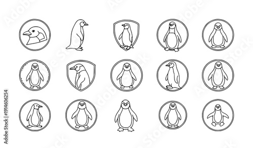 Penguin outline logo badge doodle set hand drawn penguin mascot icon collection vector