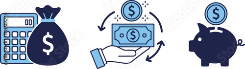 Set of finance and money icons. Vector illustrations of money bag with calculator, currency exchange, and piggy bank savings isolated on  transparent background .