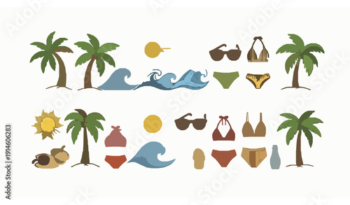 Hand drawn beach summer doodle icons palm trees sun waves sunglasses clipart set vector