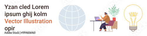 Remote work, global business, innovation, ideas, professional workspace, technology. Businessperson working on a laptop, globe and lightbulb icons. Remote work and global business theme