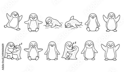 Cute penguin outline doodle icon set hand drawn cartoon penguin line clipart symbols vector