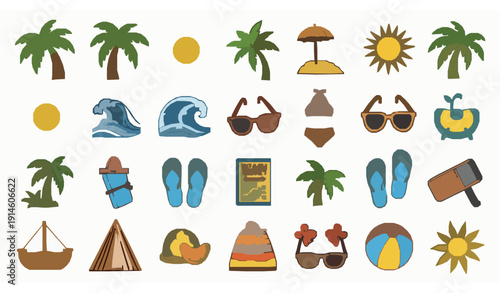 Summer beach doodle icon set palm trees sun waves sunglasses tropical vacation clipart vector