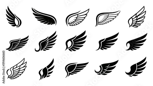 Collection of Stylized Black Angel Wings and Feather Motifs White Background