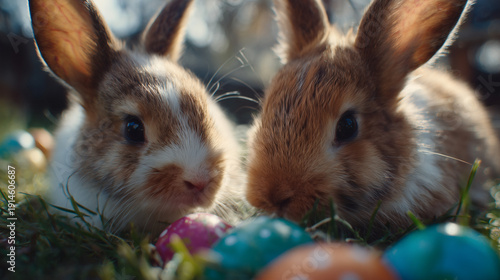 Two Baby Bunnies with Colorful Easter Eggs on Spring Grass