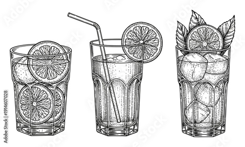 Refreshing cold drinks with ice lemon slices and mint leaves in vintage style beverage