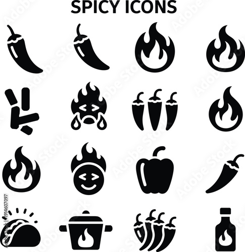 Spicy chili pepper and flame icon set, hot food symbols collection, jalapeno fire vector illustration, heat level logo pack for restaurant design