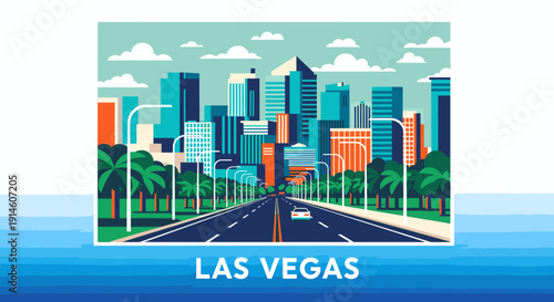 Vibrant illustration of the las vegas cityscape with stylized buildings and road.