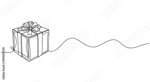 A simple line drawing of a gift box with a ribbon on a plain white background.