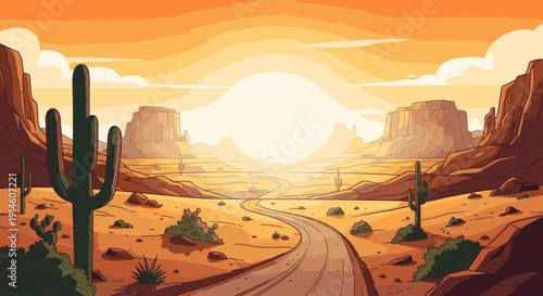A serene desert landscape at sunset with a winding dirt path and cacti.
