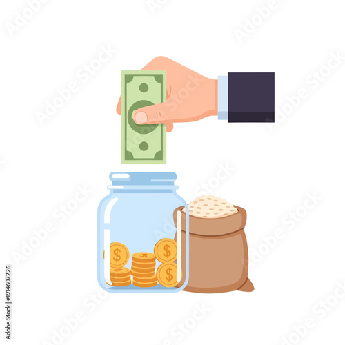 Hand Putting Money in Glass Jar with Gold Coins and Rice Sack for Zakat or Charity Concept