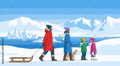 A family of four walking together in a snowy landscape with a sled.