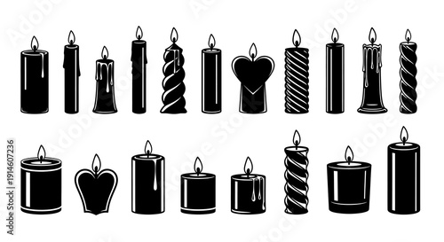 Collection of various candle silhouettes with different designs and patterns displayed in two rows.