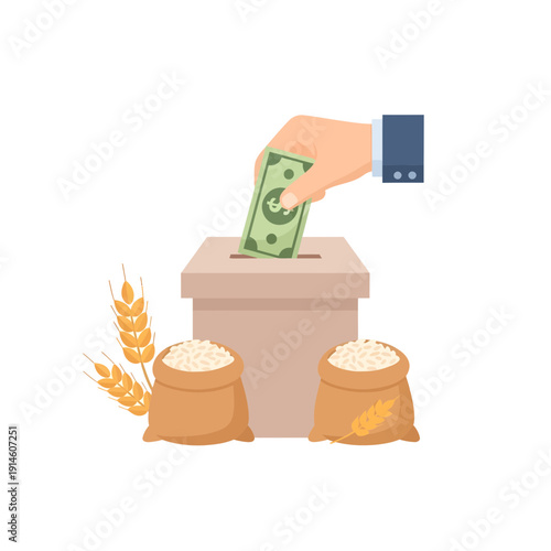 Muslim Giving Zakat Fitrah Donation with Money and Rice Bags Illustration