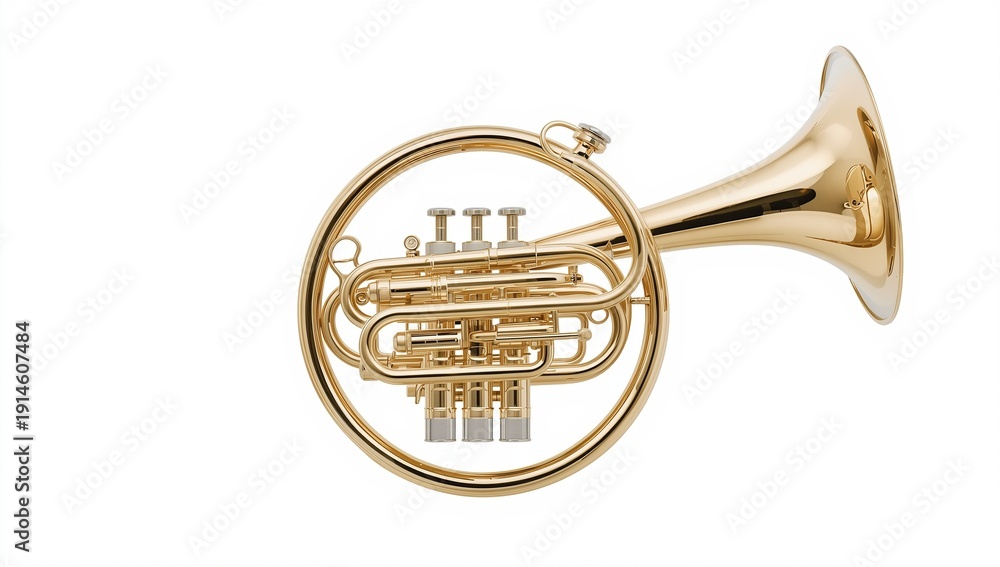 Obraz premium Shiny brass wind instrument with valves and tubing displayed against a white background