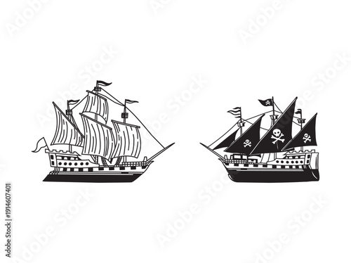 Naval ship versus pirate ship icon vector illustration