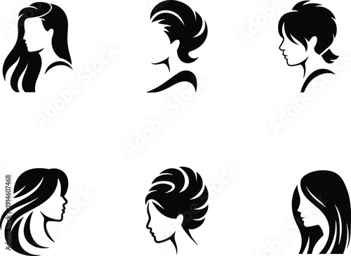 Women hairstyle silhouette icon set, female profile head collection with long and short hair styles, beauty salon vector illustration bundle