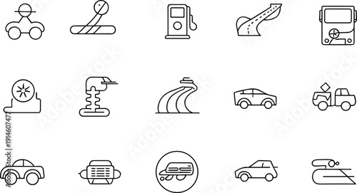 Transport infrastructure icons set, roads vehicles and fuel, flat line collection isolated on white