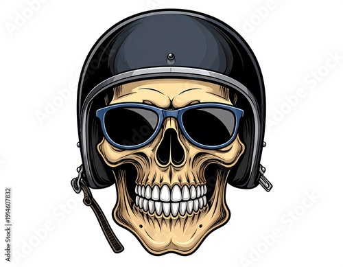 Stylized skull wearing sunglasses and a helmet against a white background
