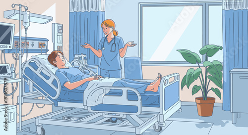 A doctor examining a patient in a hospital bed with medical equipment nearby.