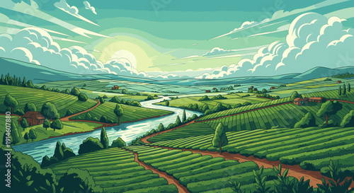 A serene pixelated landscape with a winding river and lush greenery under a bright sky.