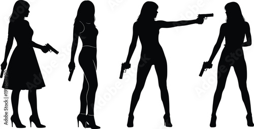 Female action character silhouettes holding pistols isolated on white background, spy or secret agent pose collection, cinematic action heroine illustration design
