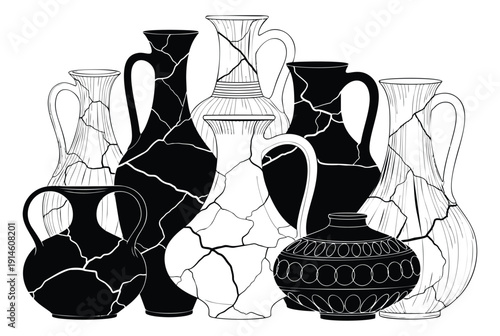 Hand drawn line art ancient pottery set featuring cracked vases and jugs for historical design