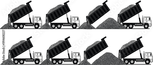 Dump truck unloading gravel sequence, construction tipper truck process isolated on white background vector