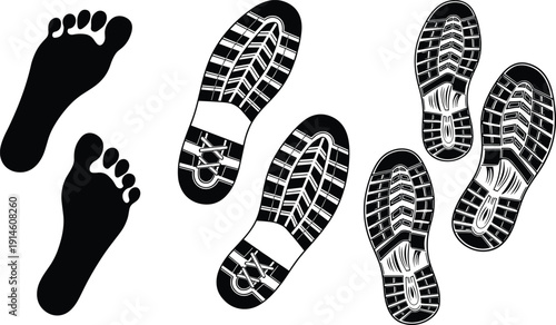 Footprints and shoe sole silhouettes, walking steps track marks isolated on white background vector