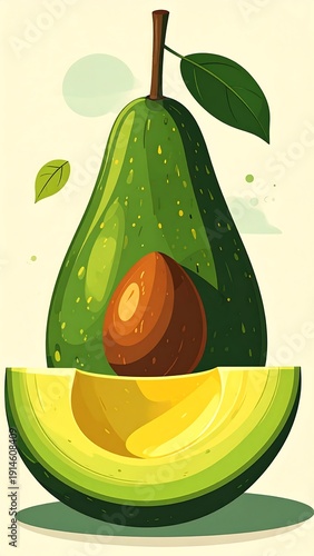 Stylized vector illustration of an avocado with a slice and pit over a light background