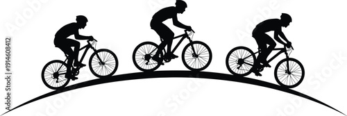 Mountain bike rider silhouettes, cyclists riding uphill on trail isolated white background vector illustration design
