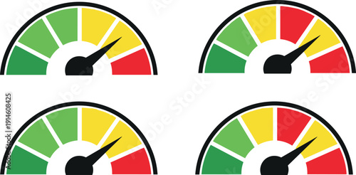 Performance gauge meter set, speedometer style indicators showing good average and poor levels vector