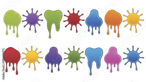 A vibrant illustration of various fruit and teeth splatters in a playful arrangement, showcasing colorful splatters from different objects.