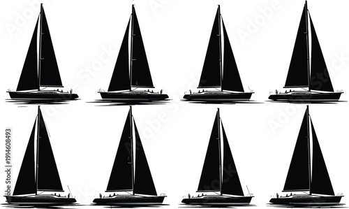 Sailing, boat, silhouette, set, yacht, sailboat, sea, ocean, watercraft, isolated, black, vector, illustration, nautical, design – flavector