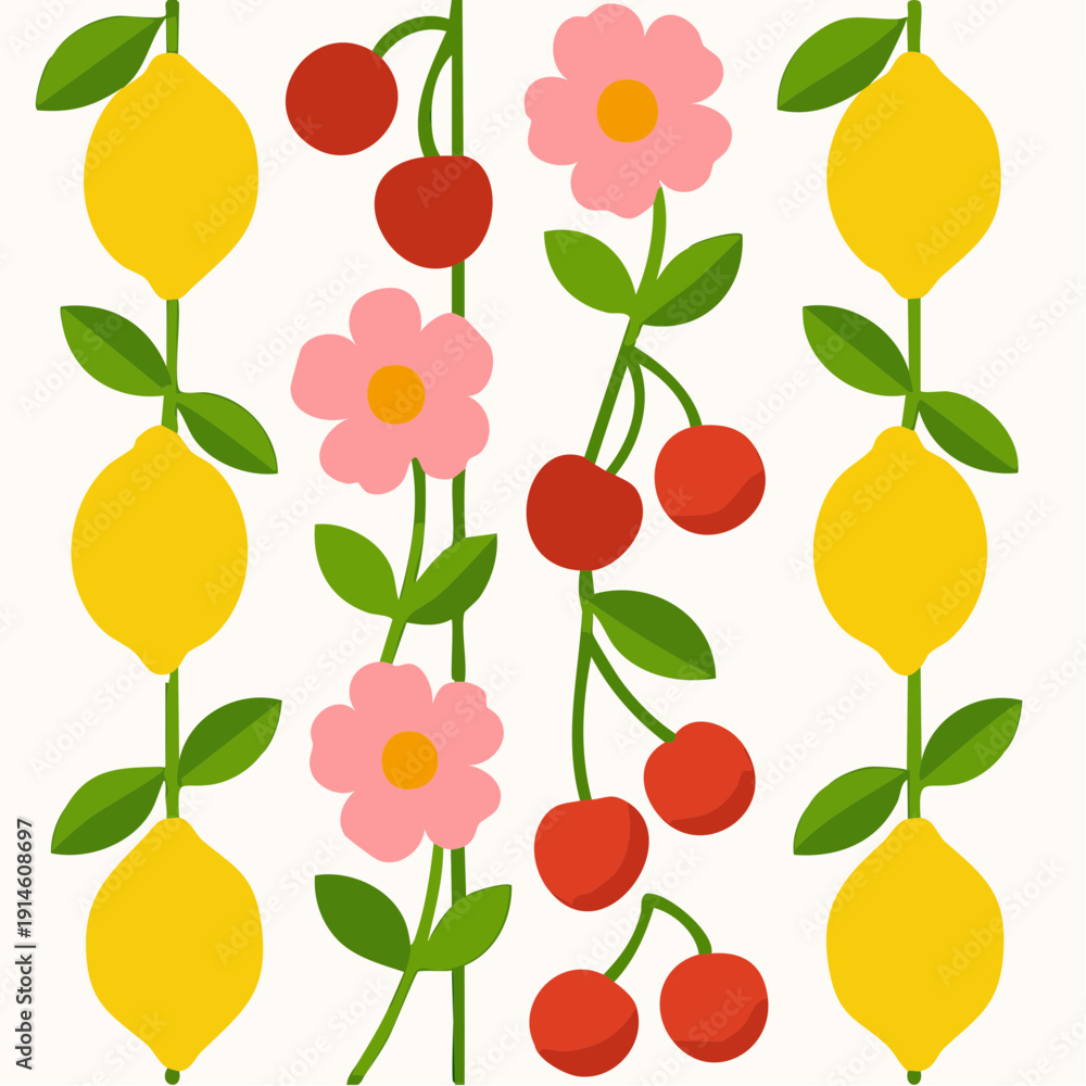 Obraz premium pure patterned joy; a bright, vertical garden of lemons, cherries, and pink blossoms arranged in four clean columns