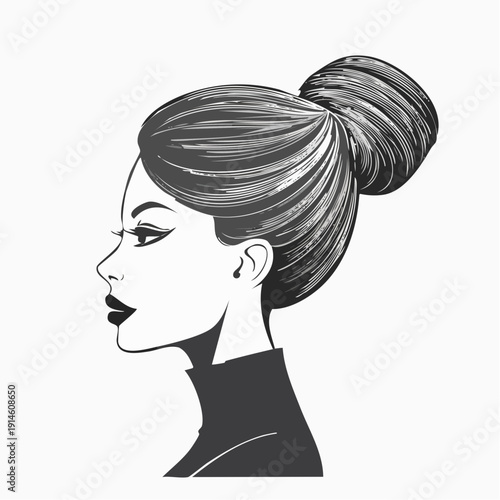 poised elegance, classic, beautifully restrained woman in profile, rendered in clean black‑and‑white line work, her hair swept into a voluminous bun, her stylized with that vintage‑fashion