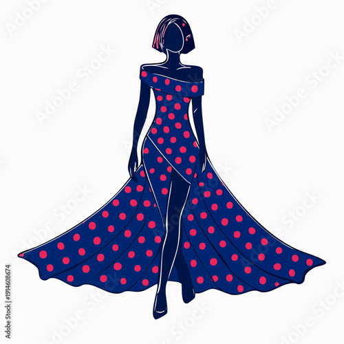 confident, fashion‑forward character study — a model in a sweeping dark gown dotted with red, the high slit giving it movement, the bob with red accents adding attitude