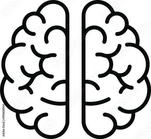 Human brain outline icon, left right hemisphere line art, neuroscience intelligence concept, medical vector illustration isolated minimal style