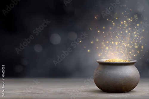 a cauldron filled with gold and sparks, against a dark background