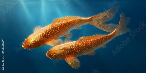 two golden koi fish, swimming in the water with their tails behind them, blue background