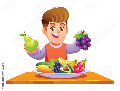 Joyful boy holding green pear and purple grapes with variety of fresh fruits on table. Vector cartoon illustration