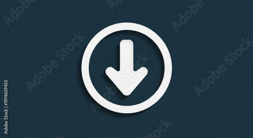 White download icon with arrow in circle on dark blue background for technology and internet use