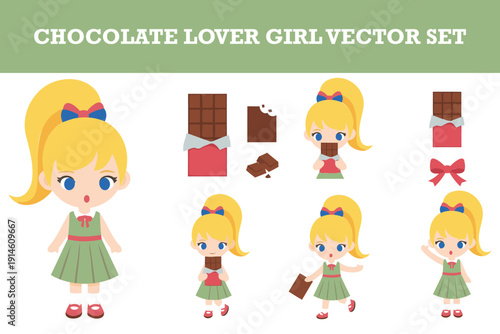 Adorable cartoon chocolate lover girl vector set featuring cute illustrations of a blonde child enjoying sweets and candies