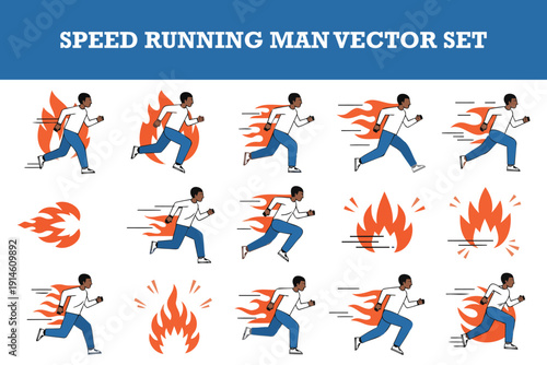 Cartoon vector illustration of a speedy running man with dynamic motion effects and flames collection isolated set